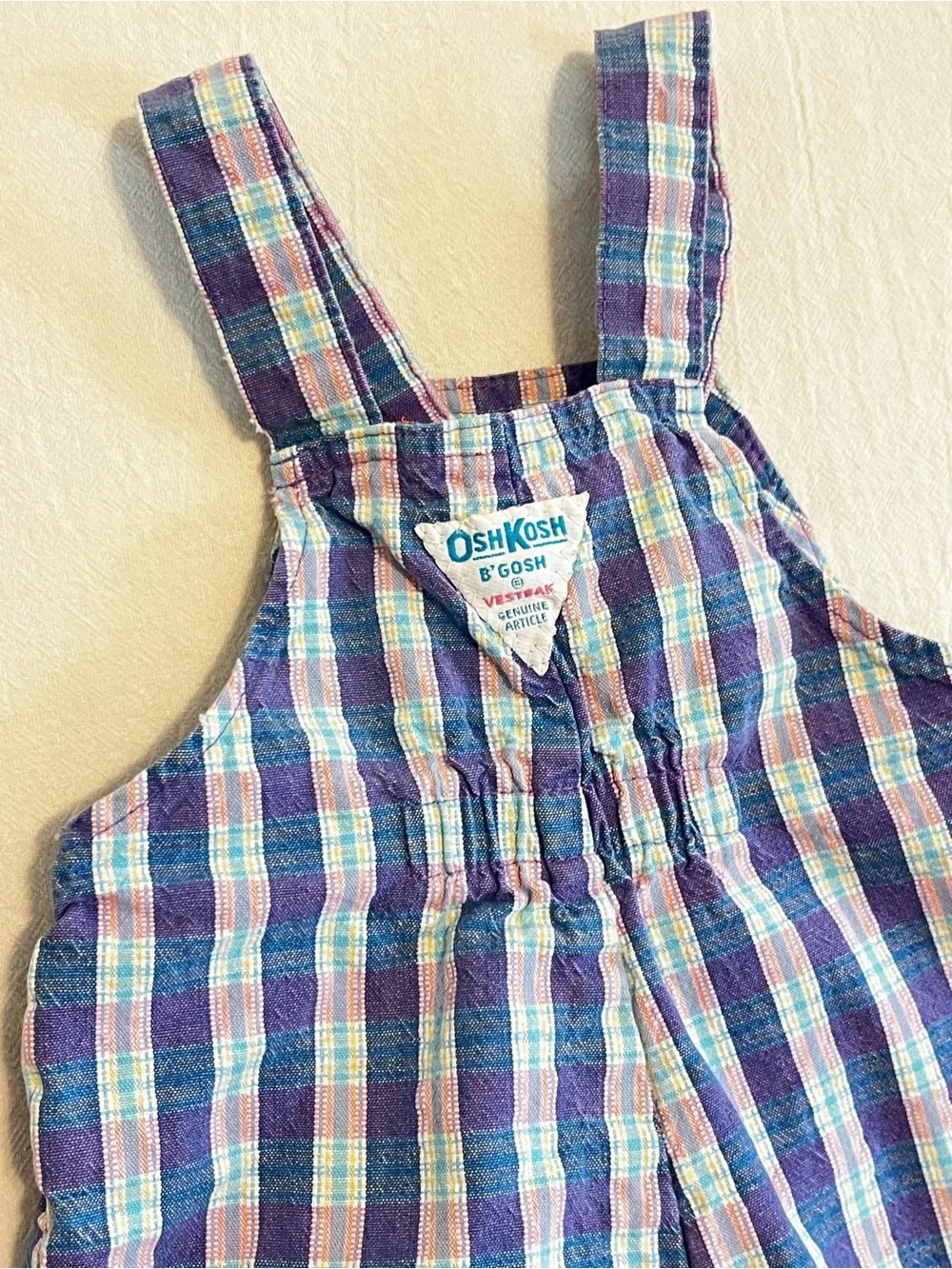 Vintage OshKosh B’Gosh 90s Plaid Overalls Baby USA Made Pink Blue Snap Romper